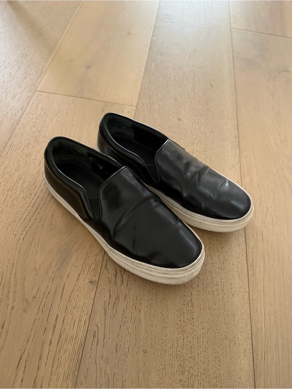 Celine Black Slip-On Leather Loafers with White Sole